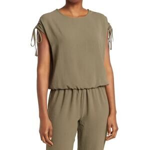 COMO VINTAGE NEW $30 Airflow Ruched Sleeve Top in Dusty Olive XL